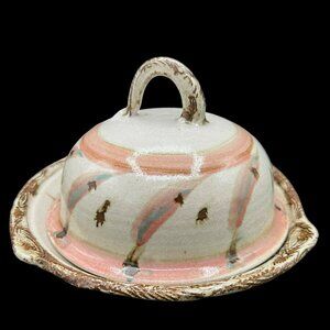 Stunning Art Pottery Shallow Bowl with Covered Lid Colorful Butter Dome 8" x 6"